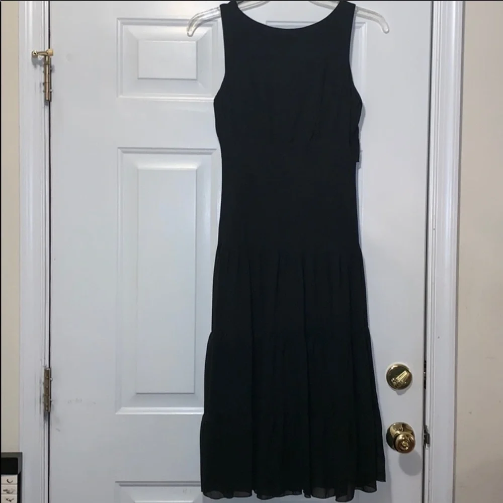 Connected Apparel Black Midi Dress Sz 10 Sleeveless VNeck Tiered Chiffon Classic - Picture 4 of 6